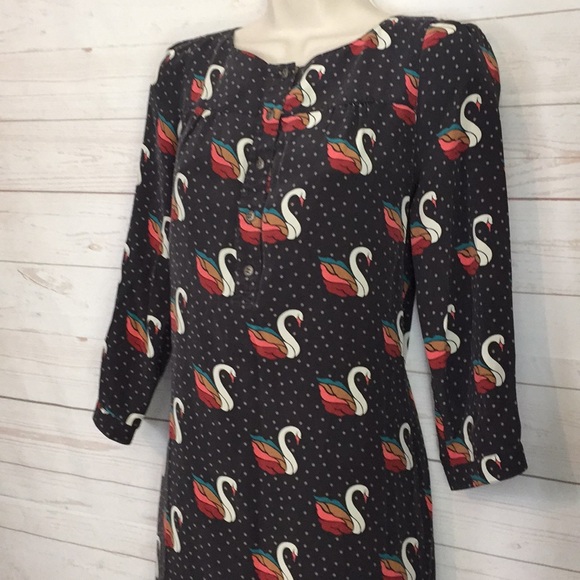 Fossil Sz Small Silk Swan Dress Brown, White, teal - Picture 4 of 10